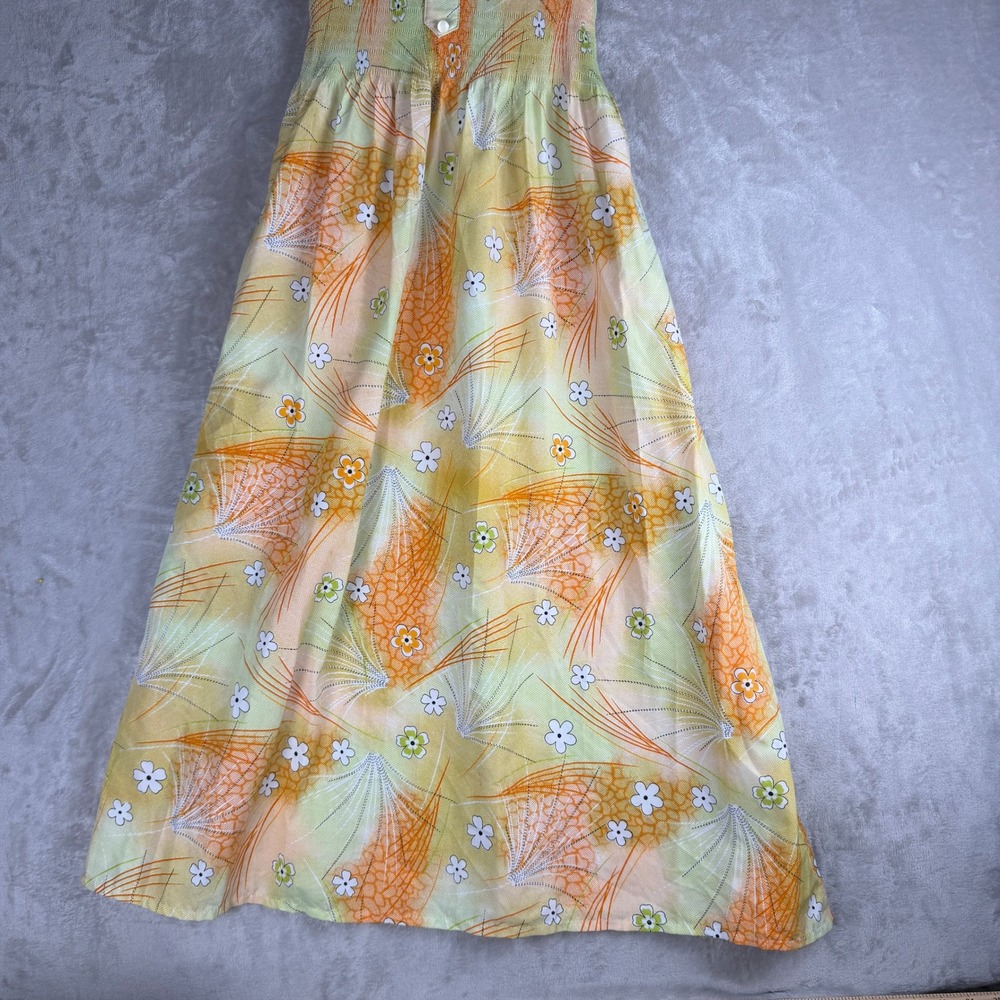 Boho  soft girl Vintage 70s Floral Plisse Sleeveless Midi Dress‎ Orange Yellow - Picture 3 of 11